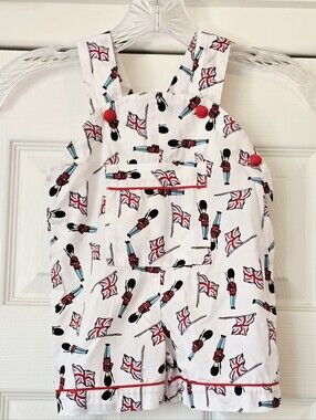 6-12 Mos Powell Craft White Baby Shortalls with British Guard & Union Jack Print